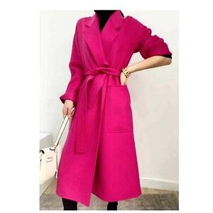 Fuchsia Pink Midi Wrap Coat with Notched Collar -From Paris!